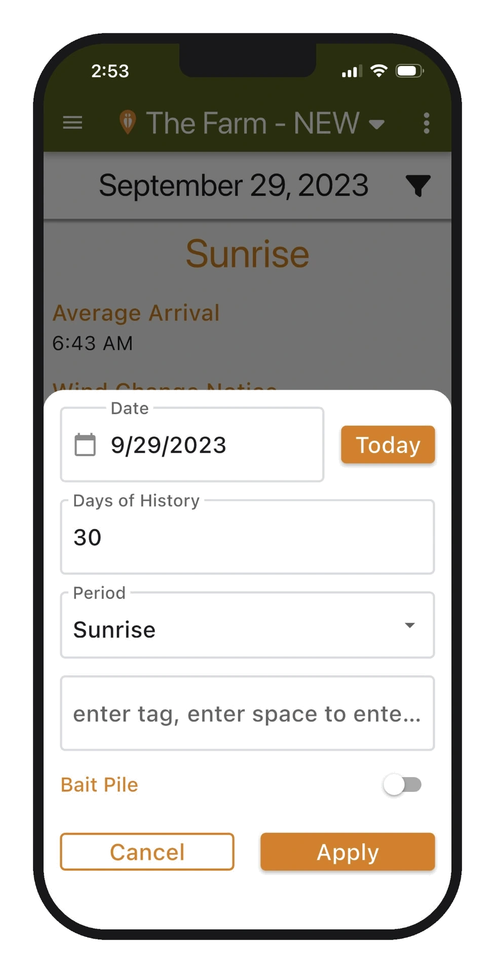 DeerMapper Scout mobile app screen 7: Filter everything by date, period or tags, even bait-pile-only history.