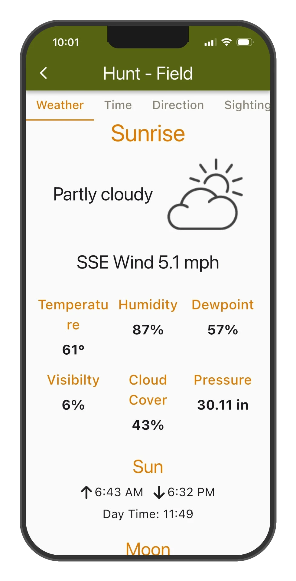 DeerMapper Hunt mobile app screen 3: Hunt-day weather for your stand, wind, humidity, pressure and sun times.