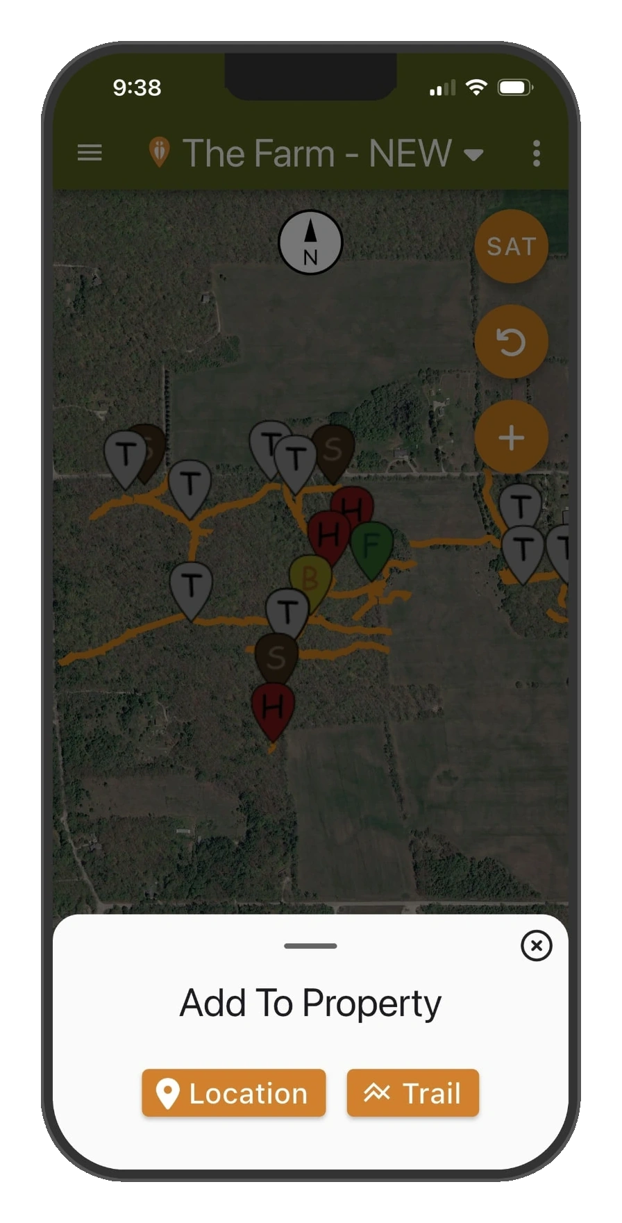 DeerMapper Map mobile app screen 4: Add to your property right where you stand, drop a location or start a trail.