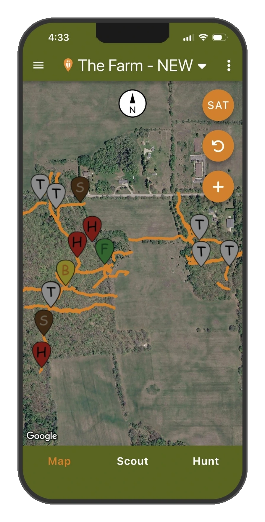 DeerMapper Map mobile app screen 1: Your entire property at a glance, every stand, hub, food source and trail in one view.