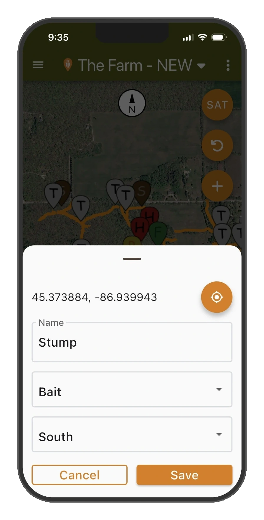 DeerMapper Map mobile app screen 5: Name it, pick the type, set the wind, a new pin saved in seconds.