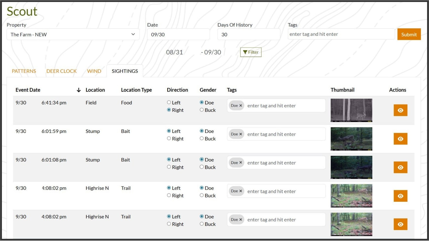 DeerMapper Scout web dashboard screen 11: Every sighting in one table, review trail cam photos and tag each event in seconds.