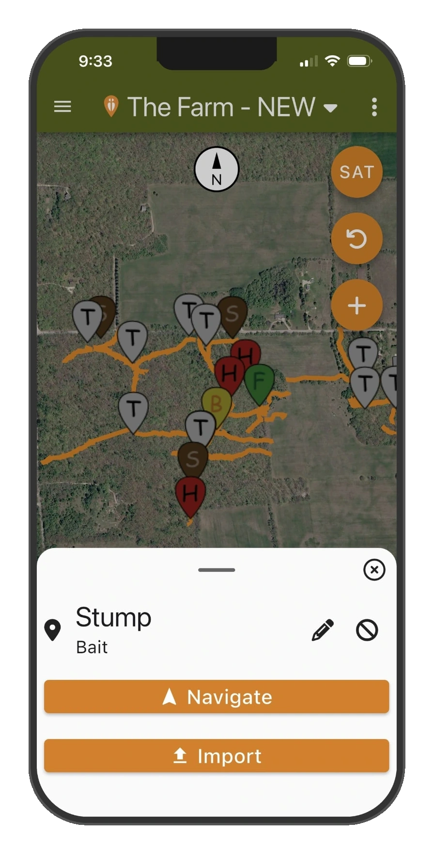 DeerMapper Map mobile app screen 2: Tap any pin for the full story, then navigate to it or import photos on the spot.