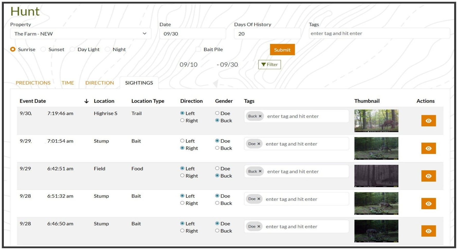 DeerMapper Hunt web dashboard screen 10: Every sighting in one table, review trail cam photos and tag each event.