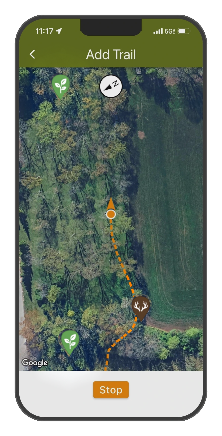 DeerMapper Map mobile app screen 6: Record trails as you walk them, hit Stop and it's on the map for good.