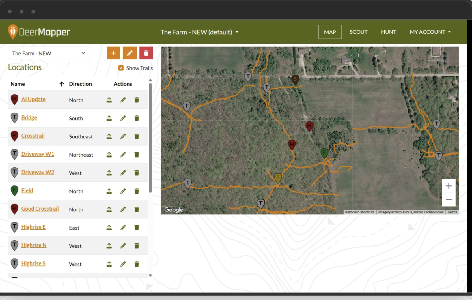 DeerMapper desktop dashboard showing map and locations list