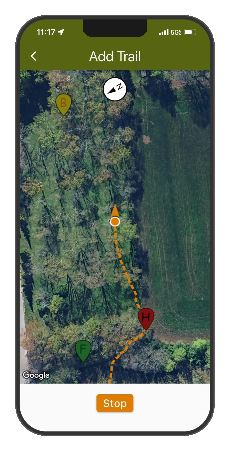 DeerMapper Map mobile app screen 6: Record trails as you walk them, hit Stop and it's on the map for good.