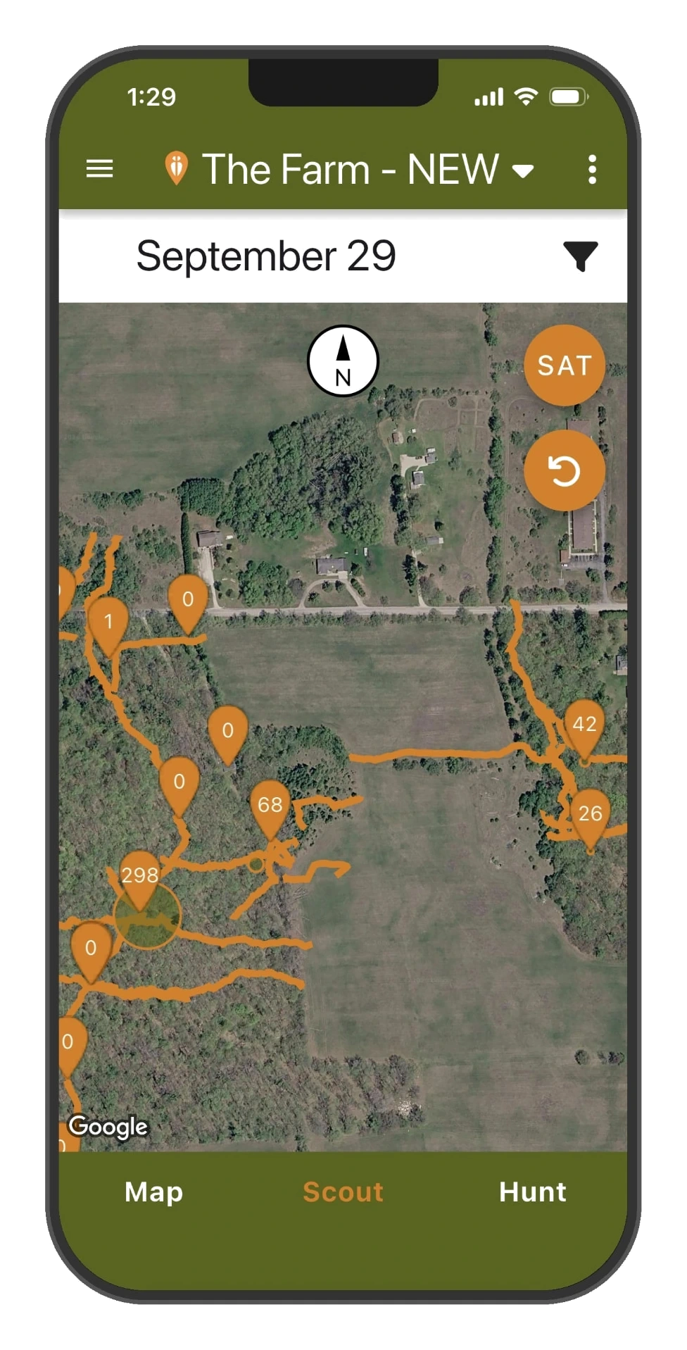 DeerMapper Scout mobile app screen 1: Scout map stacks live deer counts over every stand and trail on your land.
