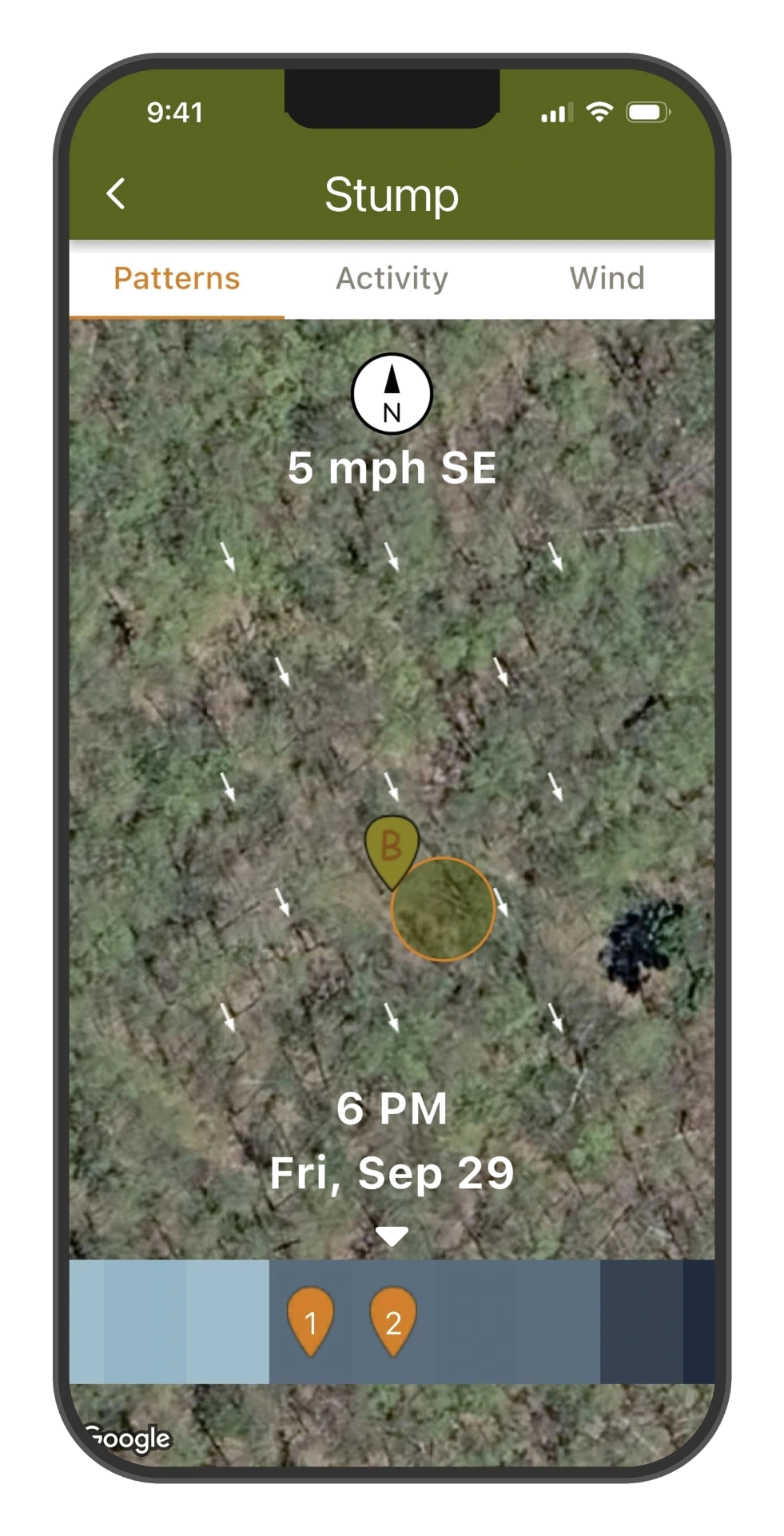 DeerMapper Scout mobile app screen 2: Patterns replay deer movement hour-by-hour with live wind arrows.