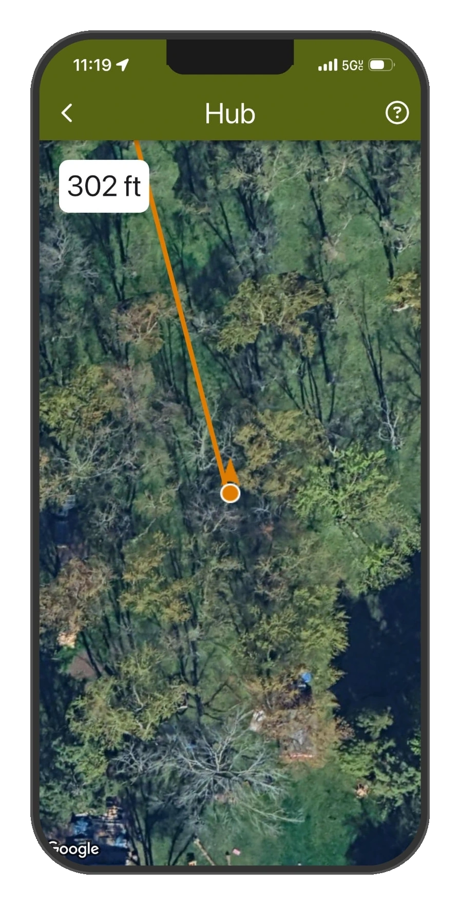 DeerMapper Map mobile app screen 3: Live distance counts down as you walk straight to your hub.