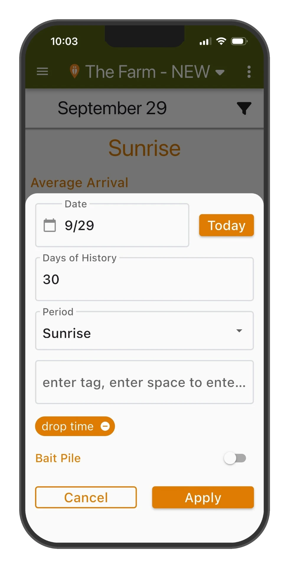 DeerMapper Hunt mobile app screen 2: Filter predictions by date, days of history, period and tags, even bait-pile-only.