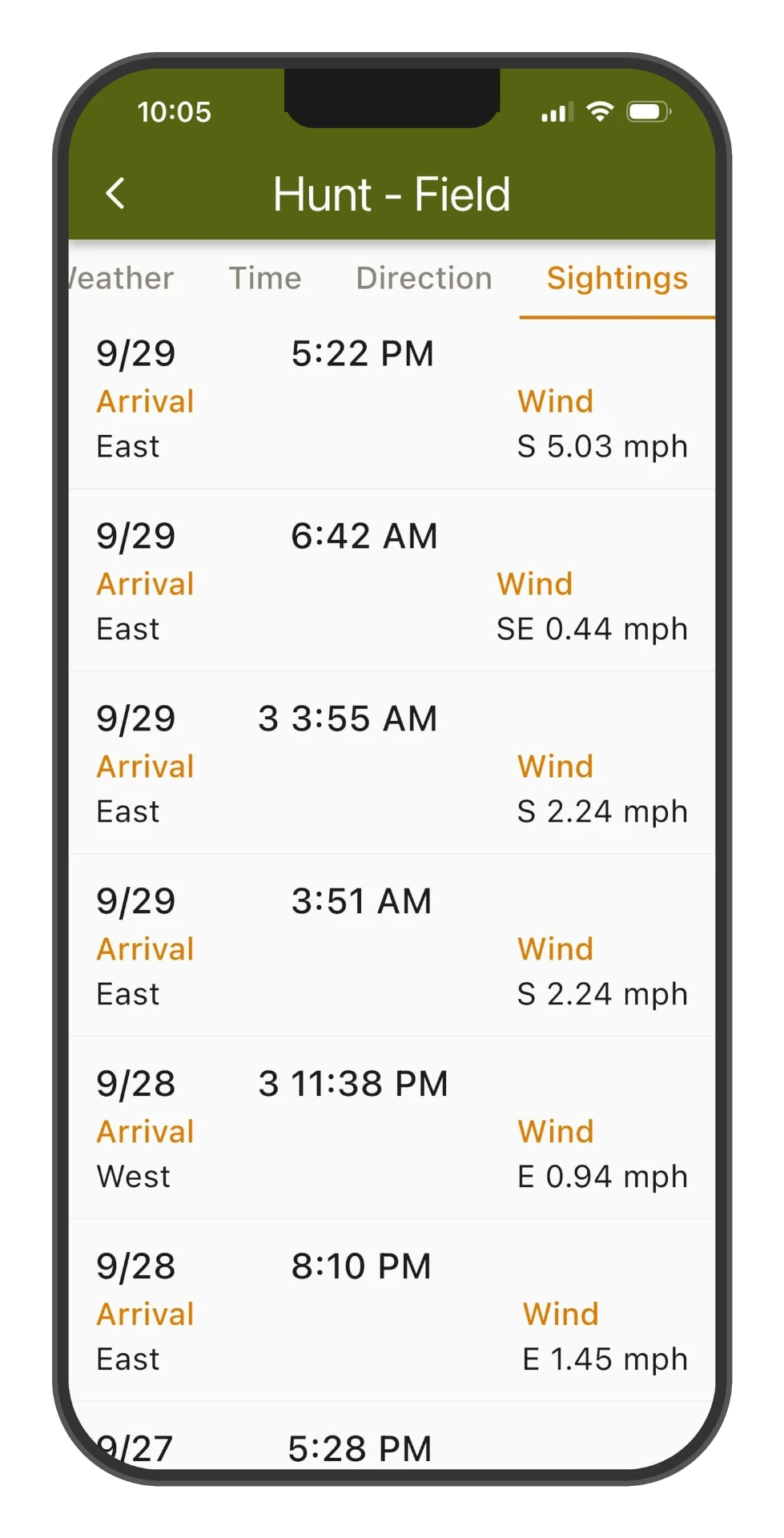 DeerMapper Hunt mobile app screen 6: Full sighting history per stand, arrival direction and wind for every event.