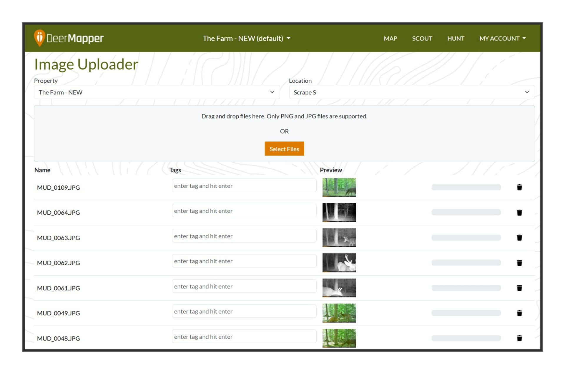 DeerMapper Map web dashboard screen 8: Bulk-import trail cam photos and tag each one to the pin it belongs to.